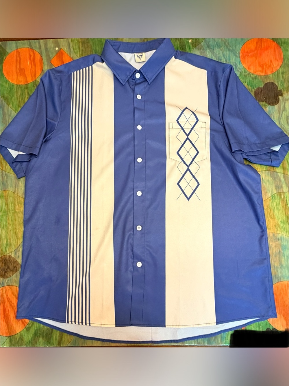 Hardaddy Men's Retro 50's Short Sleeve Button Up Shirt Size XL Blue White Bowli